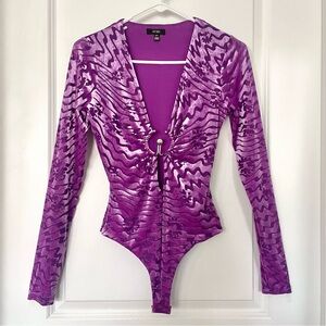 AFRM “Jacky” Velvet Burnout Bodysuit Deep Plunge Neck Purple Wave Pattern